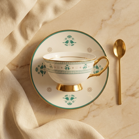 Emerald Bird Bone China Tea Cup and Saucer with 24K Gold - Set of 4