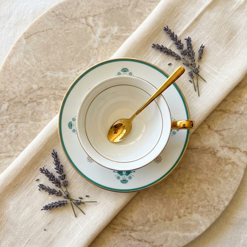 Emerald Bird Bone China Tea Cup and Saucer with 24K Gold - Set of 4