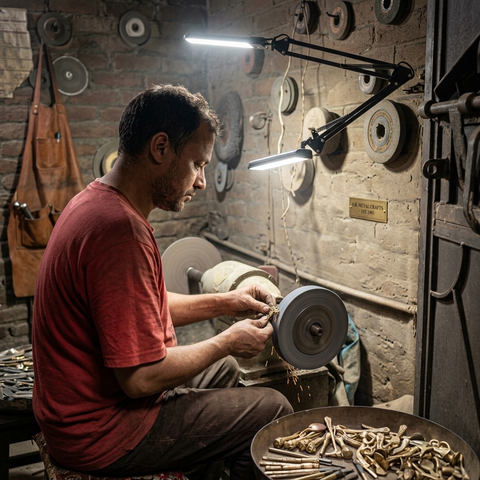 A craftsman in a red t-shirt sits at a workbench in a workshop, sharpening a small object on a spinning wheel under bright overhead lights. Tools and materials are visible on a rustic brick wall background.