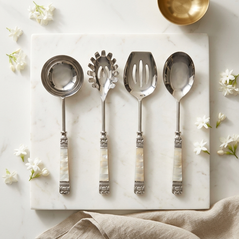 Mother of Pearl Serving Utensil Set – 4 Piece with Stainless Heads