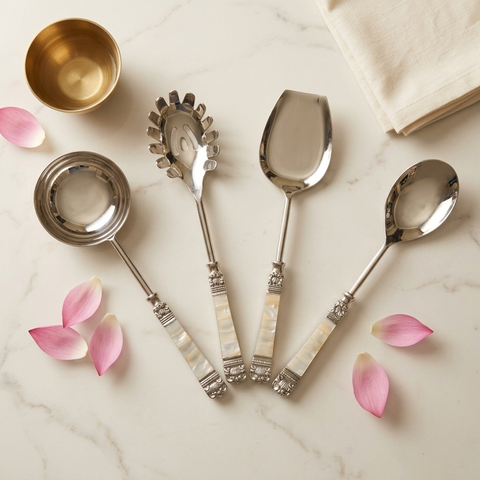 Mother of Pearl Serving Utensil Set – 4 Piece with Stainless Heads