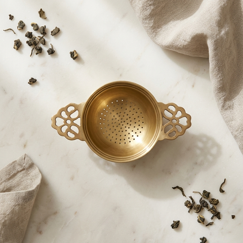 Lotus Pour Brass Tea Strainer Set with Catch Bowl