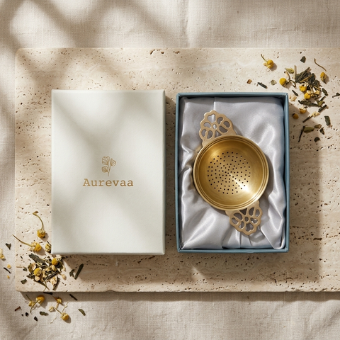 Lotus Pour Brass Tea Strainer Set with Catch Bowl