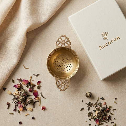 Lotus Pour Brass Tea Strainer Set with Catch Bowl