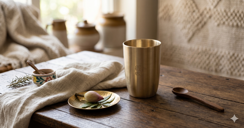 A Traditional Kansa Cup Placed on a Wooden Table