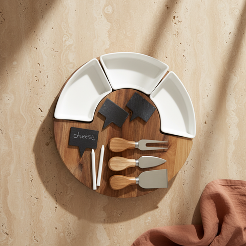 Wooden cheese board with white divided plates, cheese markers, and utensils on a beige background.