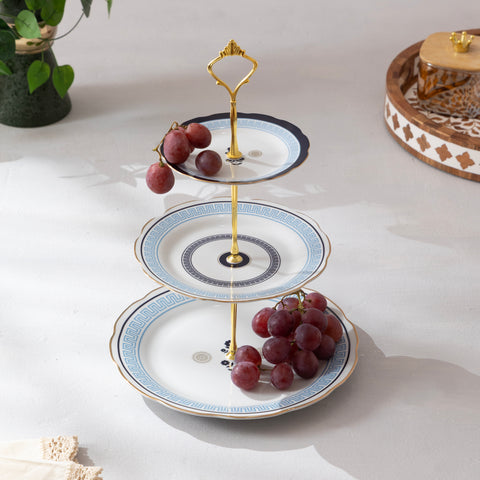 A blue cake plates with grapes on top and on the white background