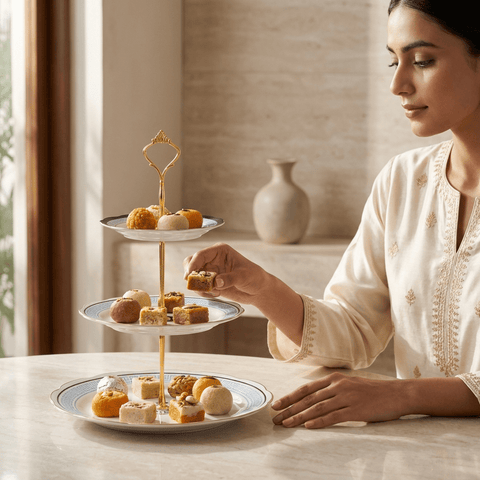 Three tier Aegean ceramic cake stand styled for an afternoon tea spread