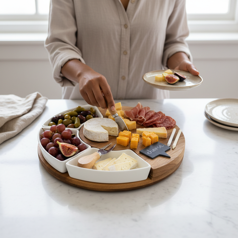 Person arranging food on a wooden and ceramic platter with various types of cheese, fruits, and meats.