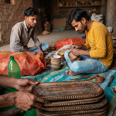 Two men working together in a rustic workshop to make carved wooden serving trays and bowls. One man in a yellow shirt is carving a tray while another man sits nearby, and a stack of finished wooden trays is held in the foreground hands.