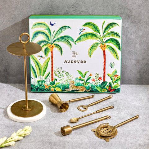 Side view of the brass bar tool set and stand in its luxury gift box