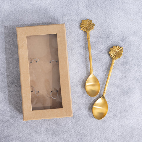 Brass Bloom dessert spoon set with floral handle design with box