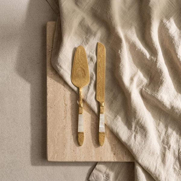 Aurevaa brass cake knife serving set with mother-of-pearl handles — unique housewarming gift for hosts