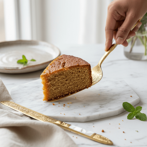 Slice of cake being lifted with a  brass cake knife serving set.
