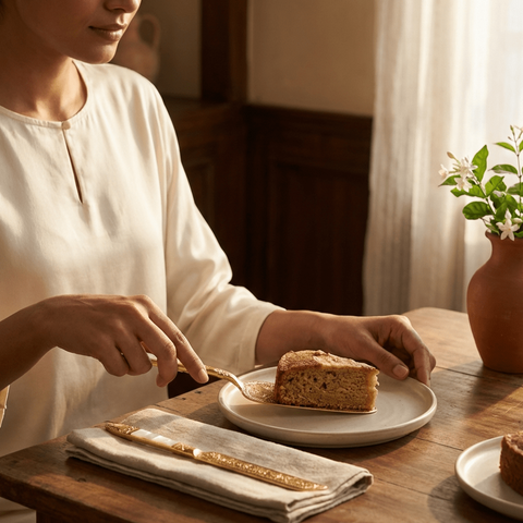 Person cutting a piece of cake on a wooden table with brass cake knife serving set. 