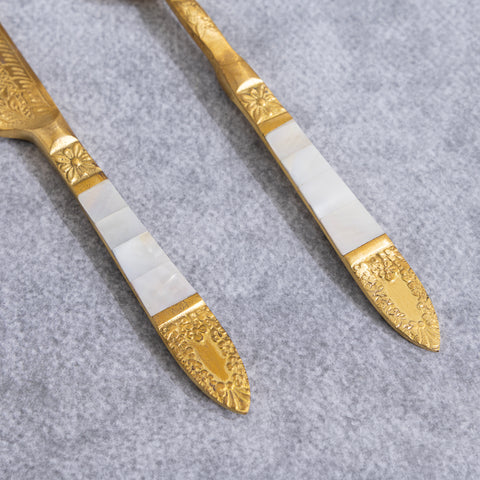 Brass & Mother of Pearl Cake Server Set – 2 Pieces back closeup