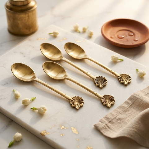 Four gold-toned decorative spoons with floral handles arranged on a white marble serving board, with small white flower buds, a terracotta dish, and a linen cloth around them.