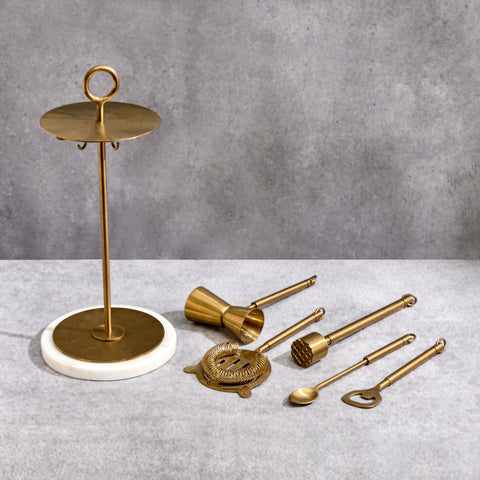 Brass bar stand set with 7 cocktail tools in luxury gift box side close up