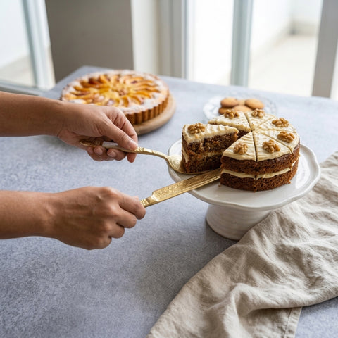 Person cutting a layered cake with a spatula on a table.