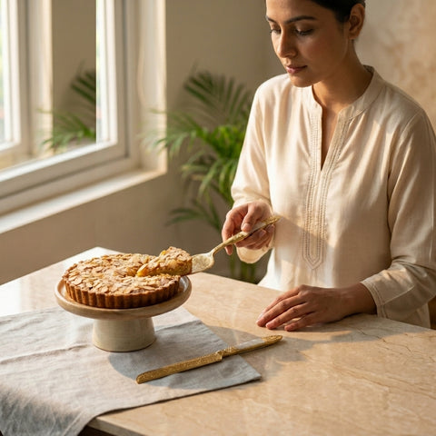Woman in a white shirt preparing a pie on a wooden table with a window in the background