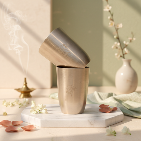 One Kansa Cup Over another on a marble surface with decorative elements.