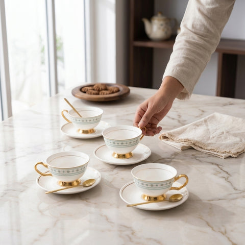 Set of tea cups and saucers on a marble table with a person's hand reaching for one of the cups.