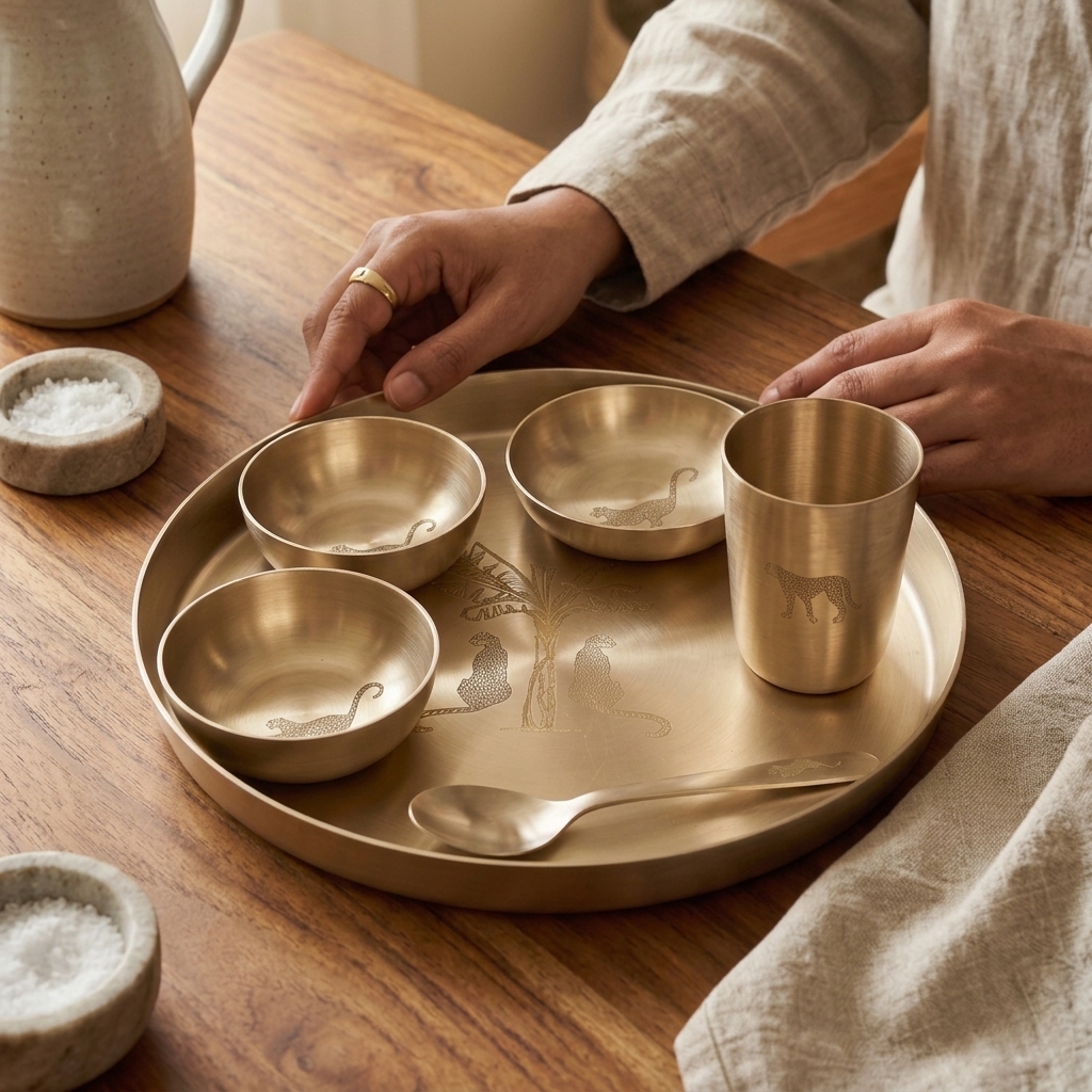 A brass-toned metal serving tray set on a wooden table, holding a small spoon, three shallow bowls, and a tumbler with animal silhouettes. A person's hands and torso are visible arranging the tray, with a ceramic pitcher and small salt dishes nearby.