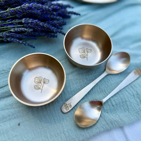 Kansa bowl set of two engraved dessert bowls with matching spoons in bell metal