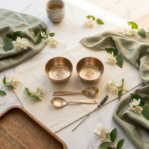 Set of brass bowls and spoons on a marble surface with green napkins and flowers.