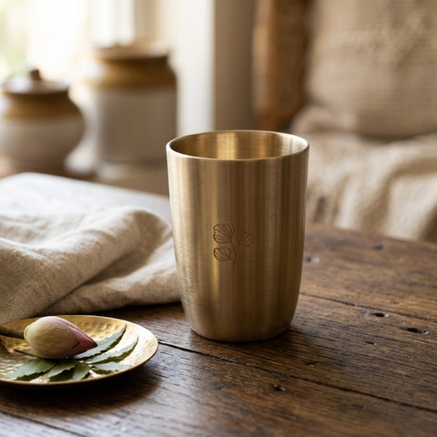 Brass cup with engraved design on a wooden table with a soft focus background