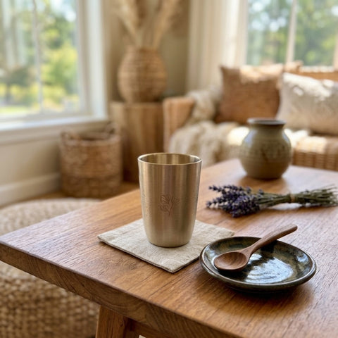 Gold cup on a wooden table with a cozy living room background
