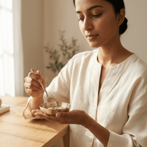 Woman having her dessert from the Kansa Dessert Bowl 