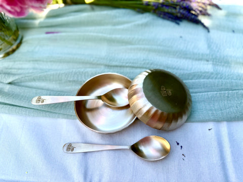Kansa Fluted Dessert Bowls with Spoons Ayurvedic Dining Set together