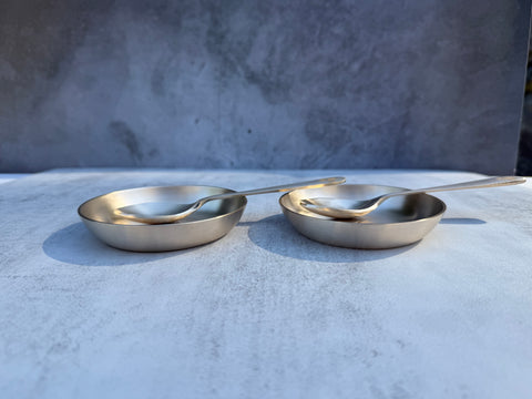 Kansa dessert bowl set with engraved floral motif and matching spoons together