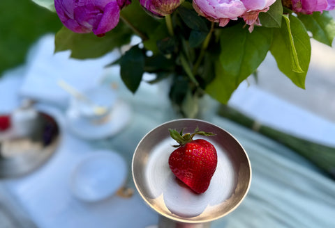 Kansa dessert bowl set with engraved floral motif and matching spoons with Strawberry on top