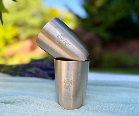 Kansa engraved cup set  2 handcrafted Ayurvedic cups front