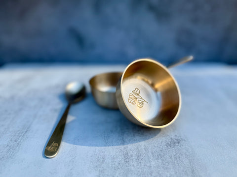 Kansa plain dessert bowls with matching engraved spoons - 4-piece set side