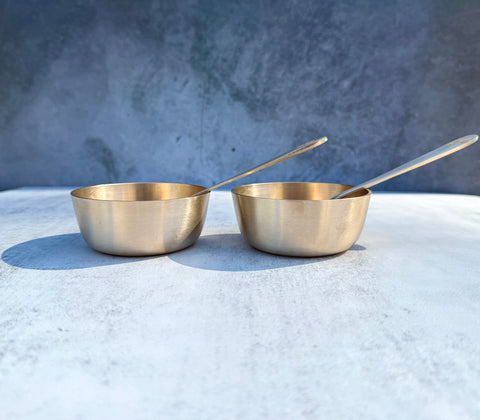 Kansa plain dessert bowls with matching engraved spoons - 4-piece set sideview