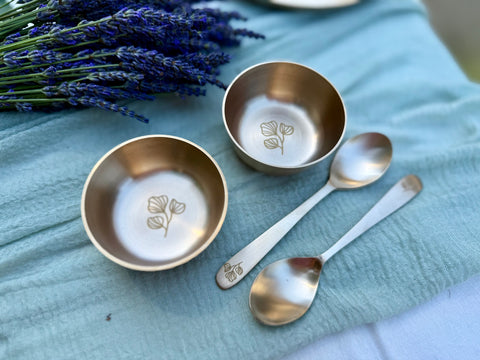 Kansa plain dessert bowls with matching engraved spoons - 4-piece set top