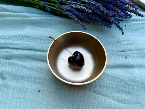 Kansa plain dessert bowls with matching engraved spoons - 4-piece set with cherry inside