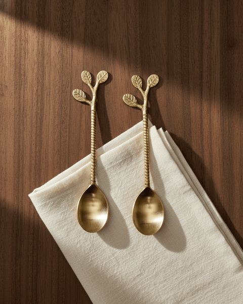 Leaf brass cutlery set of two dessert spoons with intricate leaf-motif handles