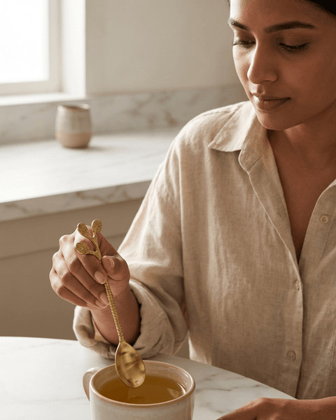 A woman stirring her tea with a brass spoon