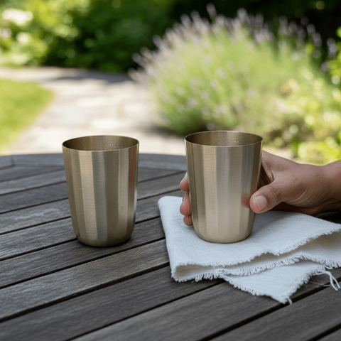 Kansa bell metal cup shown from the side highlighting the subtle sheen