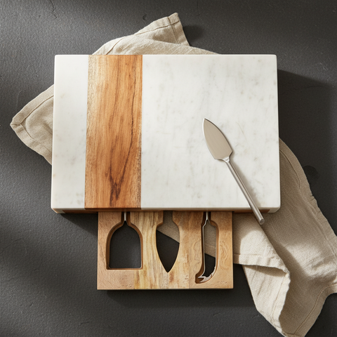 Charcuterie board marble surface shown with the hidden sliding drawer pulled open to reveal cheese knives