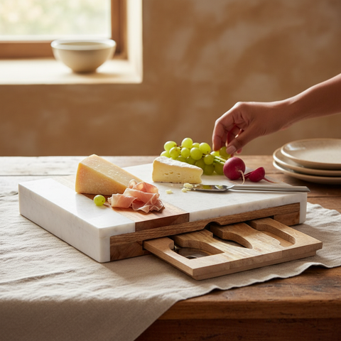White marble charcuterie board with acacia wood edge styled with cheese and fruit