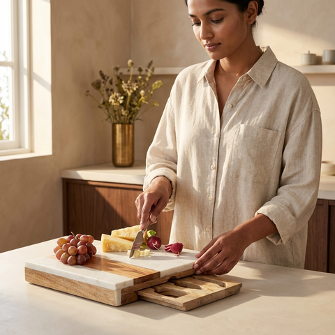 Woman preparing food on a kitchen counter with a cutting board and knife.