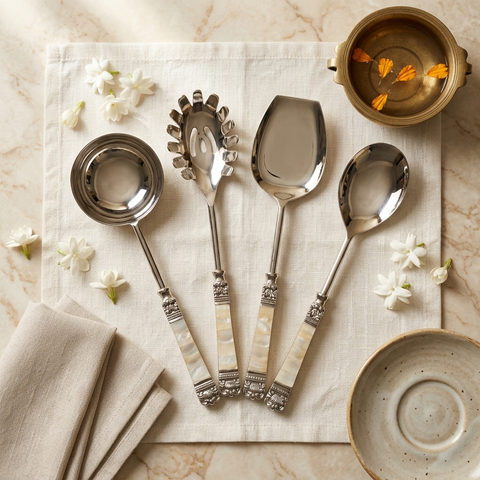 Mother of Pearl Serving Utensil Set – 4 Piece with Stainless Heads