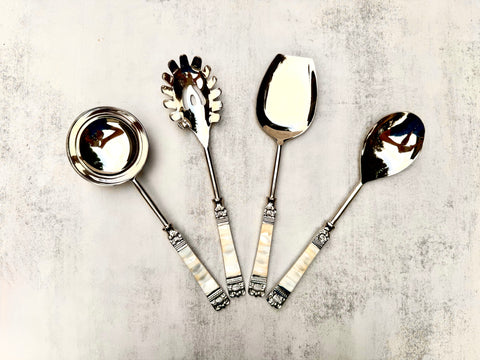 MOP 4-piece luxury serving set with mother-of-pearl inlay handles closeup
