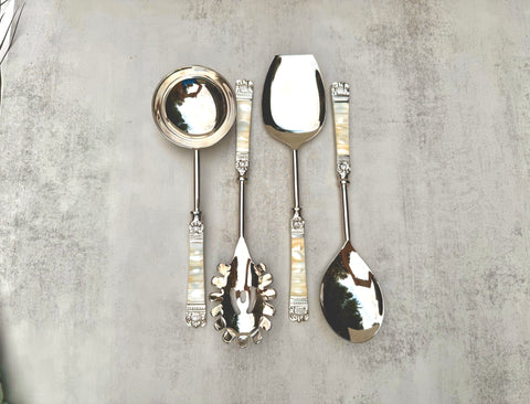 MOP 4-piece luxury serving set with mother-of-pearl inlay handles front