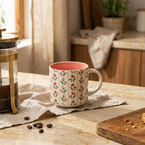 Decorative mug with floral pattern on a kitchen counter with coffee beans and a French press.